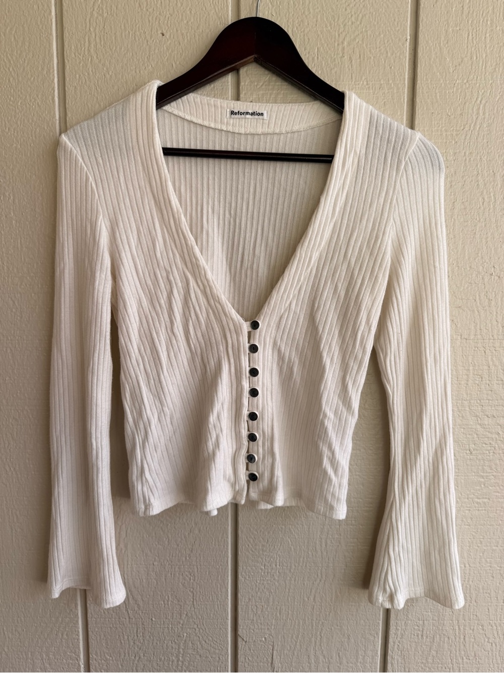 Reformation White Ribbed V Neck Button Front Bell Sleeve Top Size M